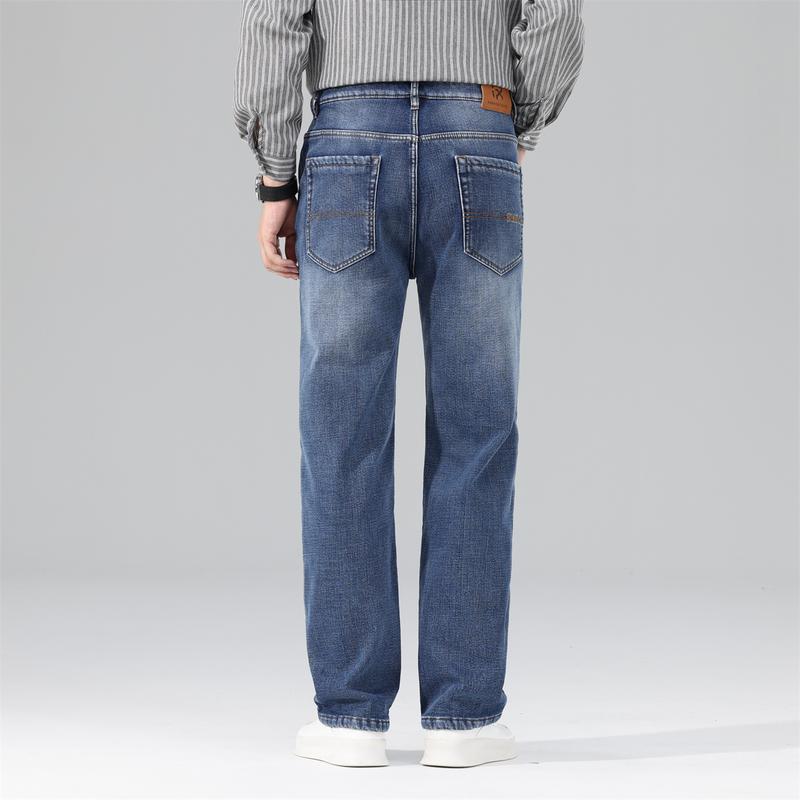 Men's Fleece-Lined Stretch Jeans Winter Loose-Fit Fleece-Lined Jeans Straight-Leg Mid-Rise Fashionable Versatile Jeans Business Casual Warm Trousers Suitable for Daily Wear and Outings