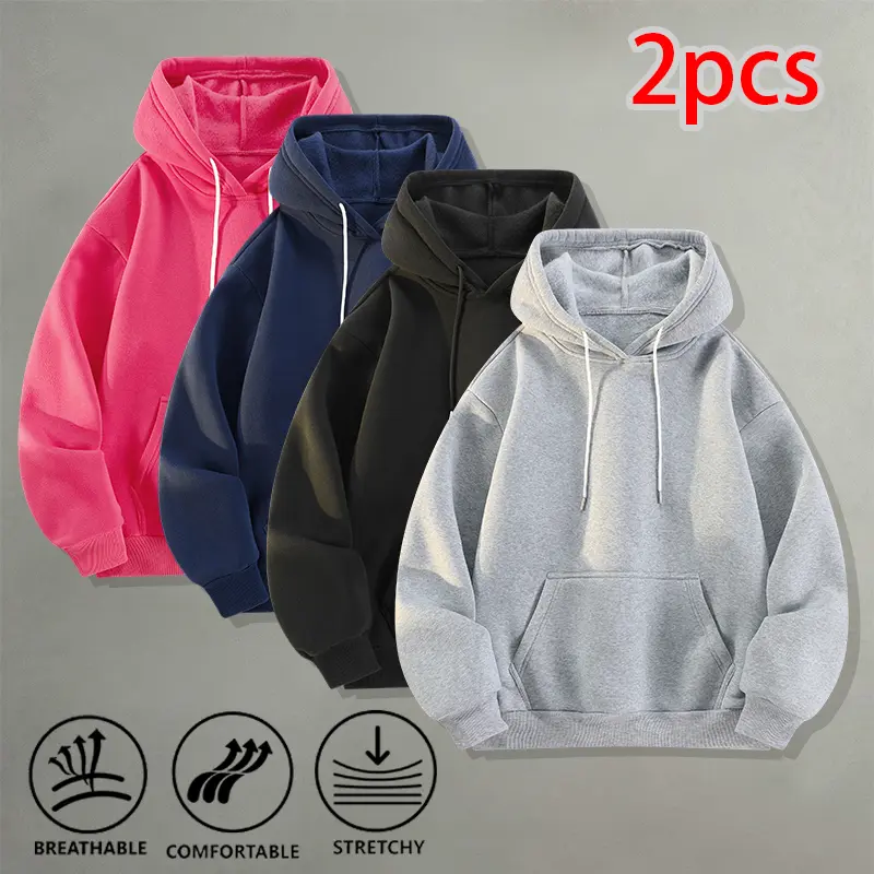 Menswear 2-Pack Loose Pullover Hoodies, Casual Cozy Longsleeves Sweatshirts, Minimalist Plain Solid Color Tops for Gym & Daily Wear, Drawstring
