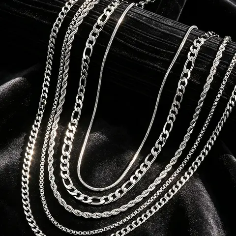 5-Piece Men's Stainless Steel Necklace Set, Men's Hip-Hop Fashion Jewelry, Cuban Link Chains, Casual Layering Necklaces, Perfect Christmas Gift for Him