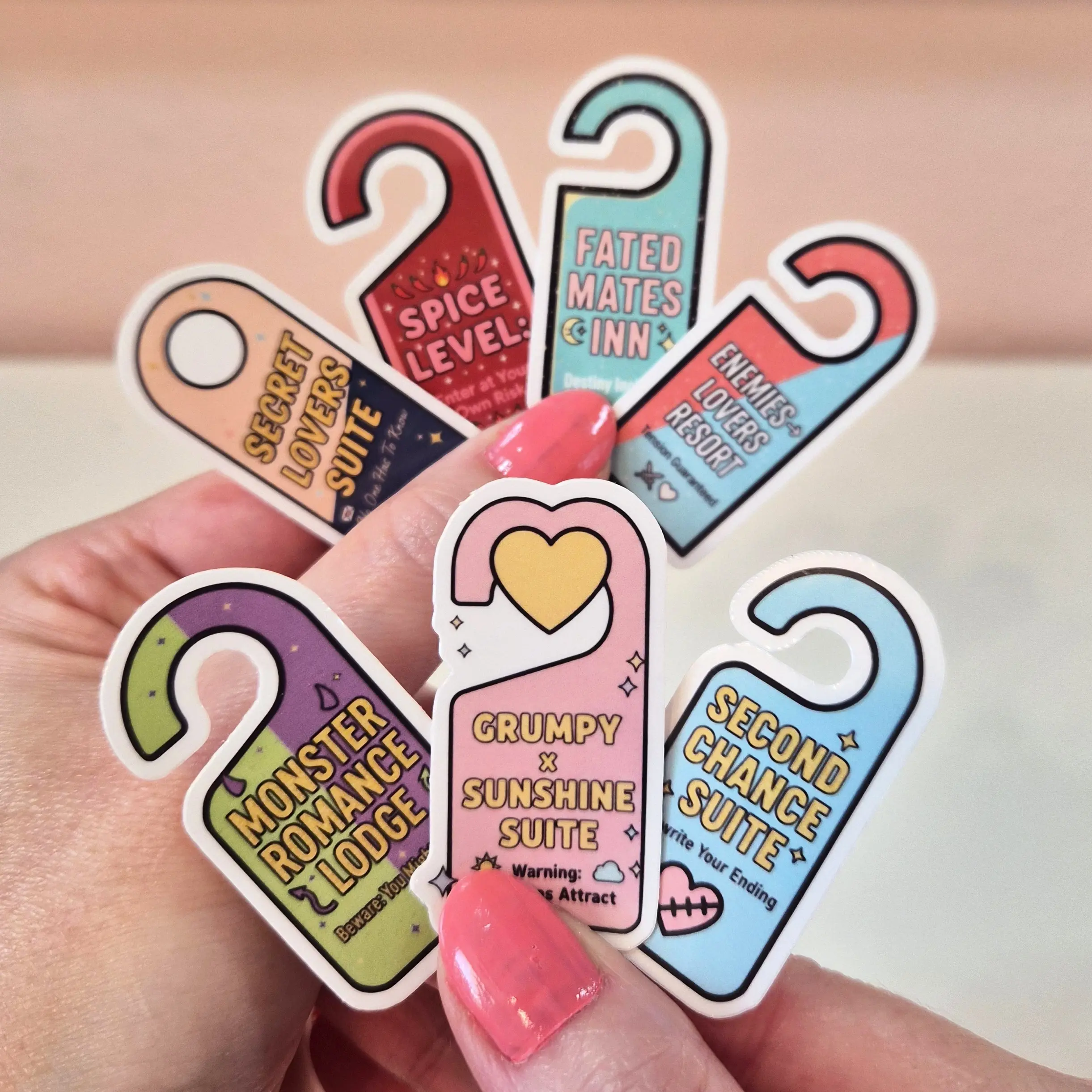 7 Door Hangers Book Tropes Reading Book Lover - Waterproof Glitter or Glossy Stickers 2.75" Size Customizable for Kindle Book or Tablet Durable Stylish Design