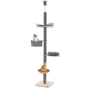 COSTWAY - Floor to Ceiling Cat Tree with 93 Inch-107 Inch Adjustable Height-Gray