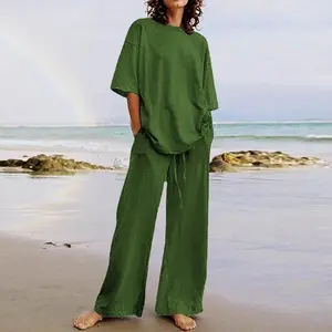 Fashion Women's 2-Piece  2025 Summer Casual Belt Pocket  Half-Sleeve O-Neck Top and Wide-Leg Pants  pajama set cover up
