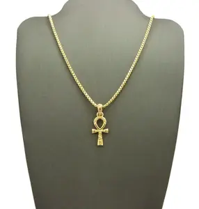 MaxBling81 Egyptian Ankh Cross Gold-Plated Mini Pendant & 2mm Box Chain Brass Long Necklace - Chain & Link, Fashionable Accessory, Unisex Costume Jewelry, Daily Wear (18" 20" 24")