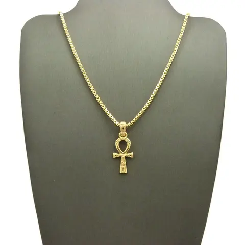 MaxBling81 Women's Gold-Plated Faith Ankh Cross Pendant Necklace - 0.75" x 1.5" Mini Egyptian Charm, 2mm Box Brass Chain and Link (18-24 Inch), Unisex Daily Costume Jewelry Fashion Accessory