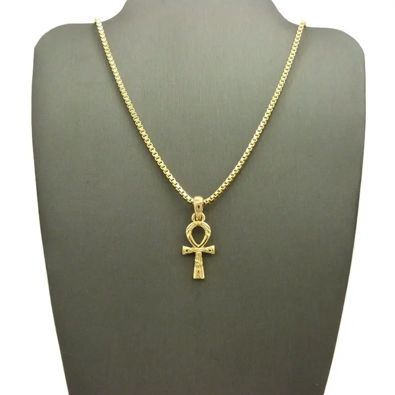 MaxBling81 Women's Gold-Plated Faith Ankh Cross Pendant Necklace - 0.75" x 1.5" Mini Egyptian Charm, 2mm Box Brass Chain and Link (18-24 Inch), Unisex Daily Costume Jewelry Fashion Accessory