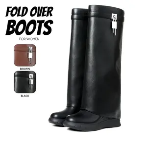Womens Fold Over Knee High Boot Round Toe Chunky Wedge Heel Padlock Design Side Zipper Fashion Slouchy Boot Warm Cozy Comfy Easy Pull On Gift Date Party Work Casual Dressy Trendy Tall Booties