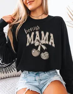 Mama tshirt, Preppy Camo Cherries Bonus Mom Sweatshirt, Mom Gift, Stepmom Long Sleeve Shirt, Mothers Day