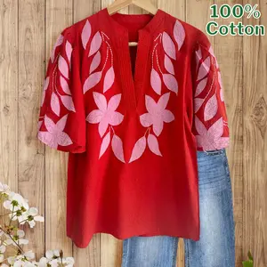 SageVell 100% Cotton Timeless Red/Green Embroidered Blouse with Floral Details - Perfect for Casual Outings, Weekends & Summer Women Style Effortless Wear for Teachers Moms Top