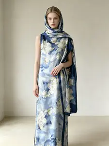 Blue Floral-Print Long Robe Headscarves, Multi-Functional Scarf for All Seasons, Ideal for Daily Outings, Gatherings, and Travels
