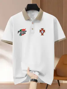 Portugal Flag & Football Team Logo Polo Shirt, Graphic Print Short Sleeve, Slim Fit Casual Business Wear for Men, All Seasons