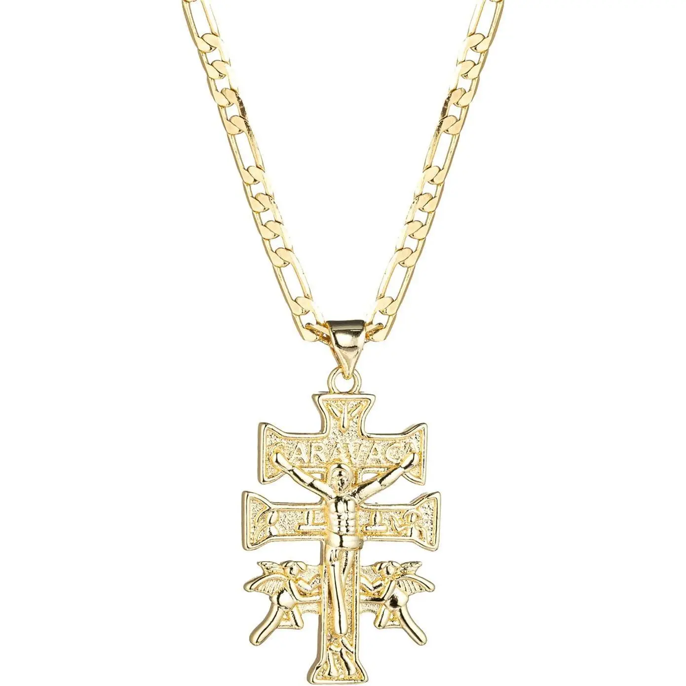 Plated Catholic Caravaca Crucifix Cross Charm Pendant with Cherub Angel Necklace for Women Men 3mm FlatChain Necklace 18/22 inches