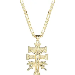 Plated Catholic Caravaca Crucifix Cross Charm Pendant with Cherub Angel Necklace for Women Men 3mm FlatChain Necklace 18/22 inches