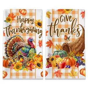 Thanksgiving Kitchen Towels, Turkey Towels Set of 2, Farmhouse Give Thanks Dish Hand Towels with Orange White Buffalo Plaid, Fall Pumpkin Leaves Gifts Decorations for Home, 18x26 Inches