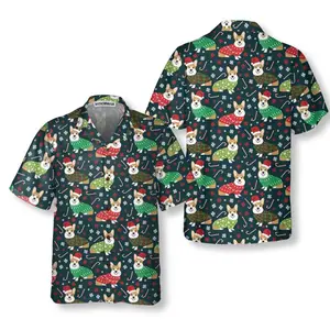 Christmas Corgis Hawaiian Shirt, Cute Christmas Dog Shirt, Christmas Gift For Dog Lovers, Short Sleeve Casual Button Down Shirts Summer Beach Shirt, Tropical Floral Shirt