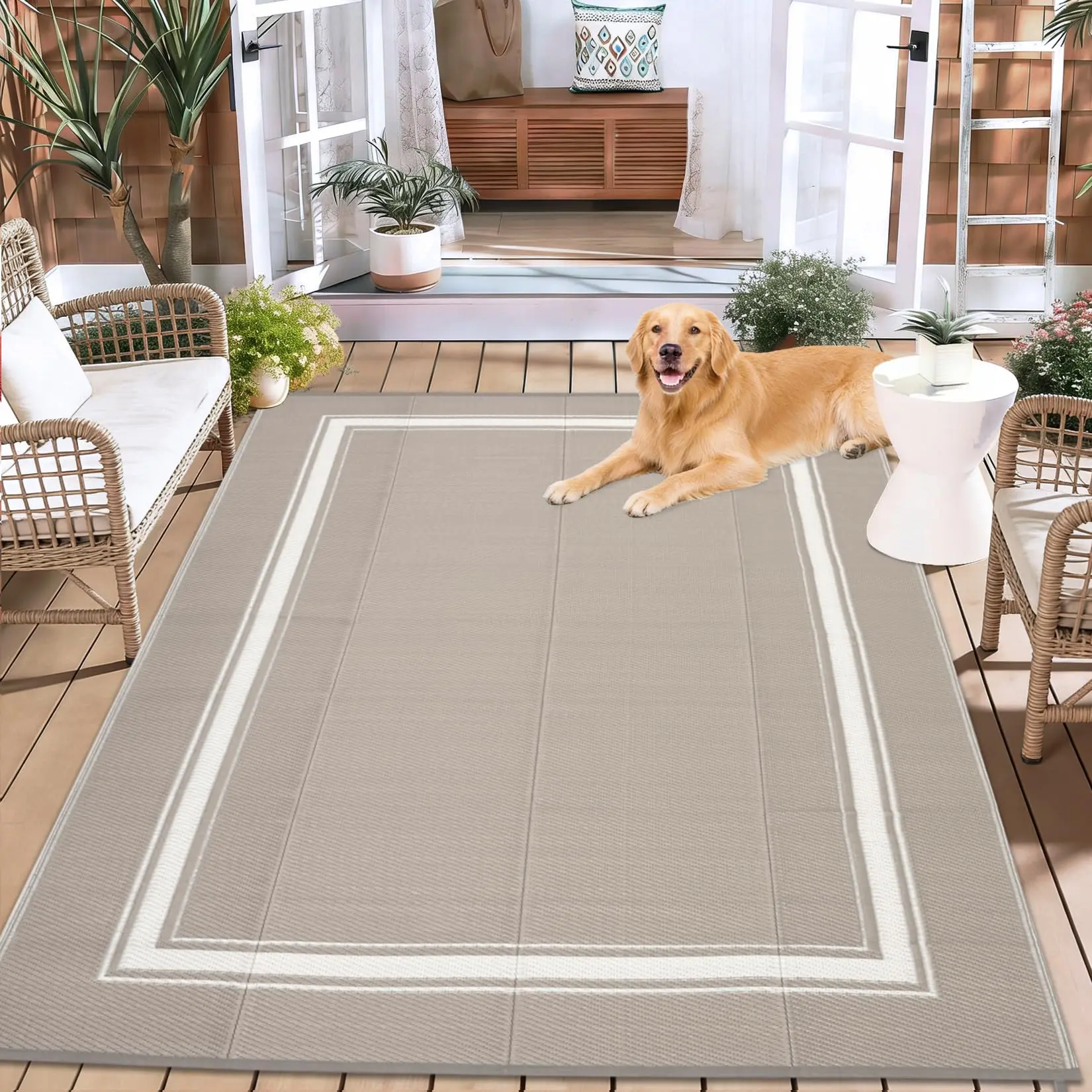 Reversible Outdoor Area Rug, 9x12ft Waterproof, UV Weather Resistant, Modern Minimalist Woven Patio Carpet, Portable Bag 4 Stakes, Gray Coffee