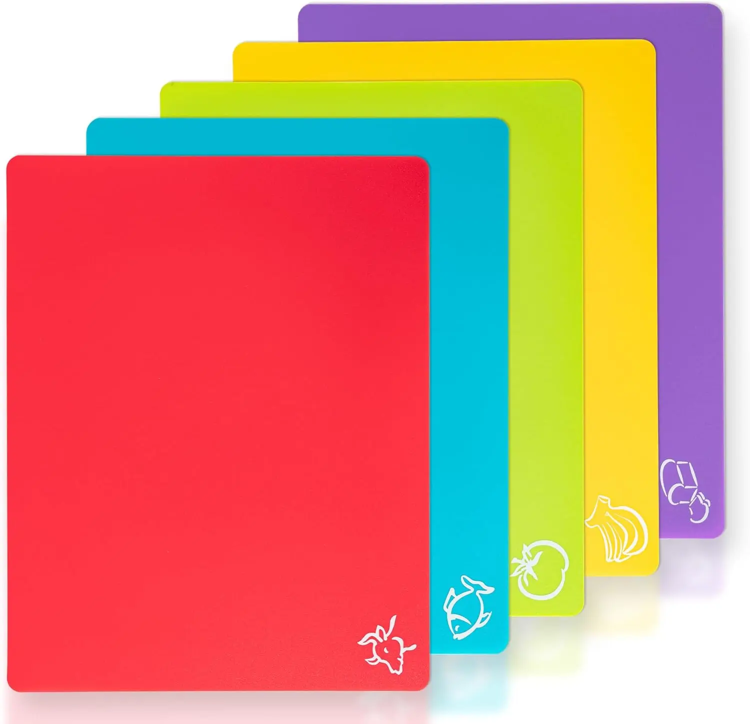 5 count Flexible Plastic  Board Mats with  Icons,   Boards for Kitchen, Non Slip  Mat for Meat and Vegetables (Red, Bright Yellow, Light Green, Purple, Lake Blue)