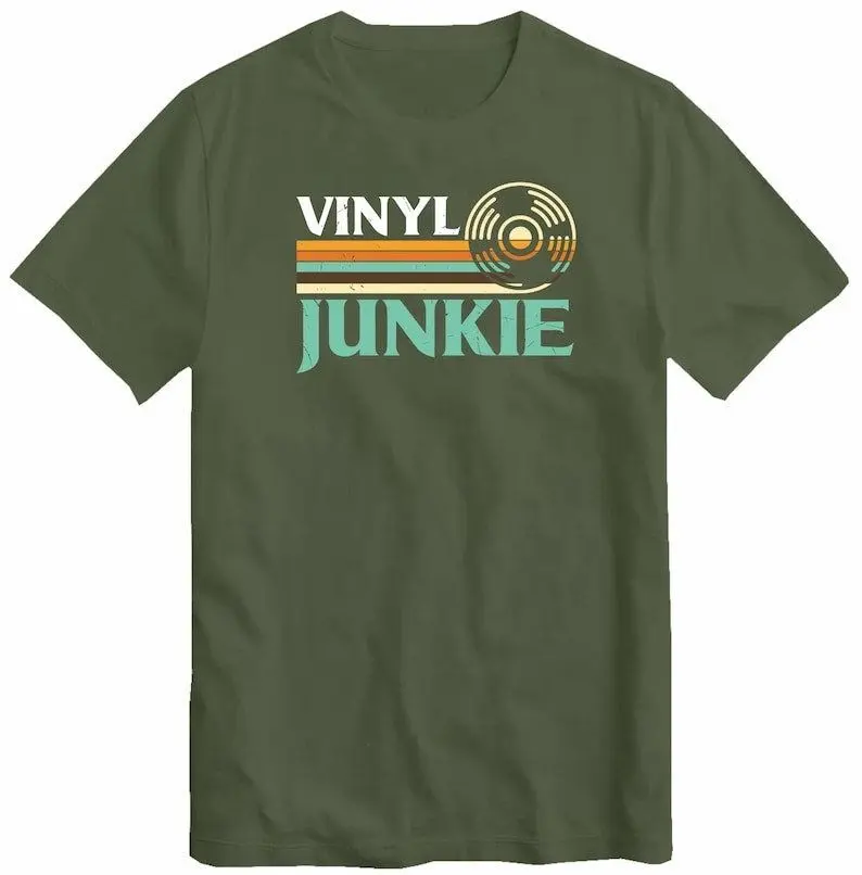 [Sale up to 50%] Vinyl Junkie T-shirt Men's Unisex Music Lovers LP Records DJ Turntable Vintage Design Tee Music Collector Gift