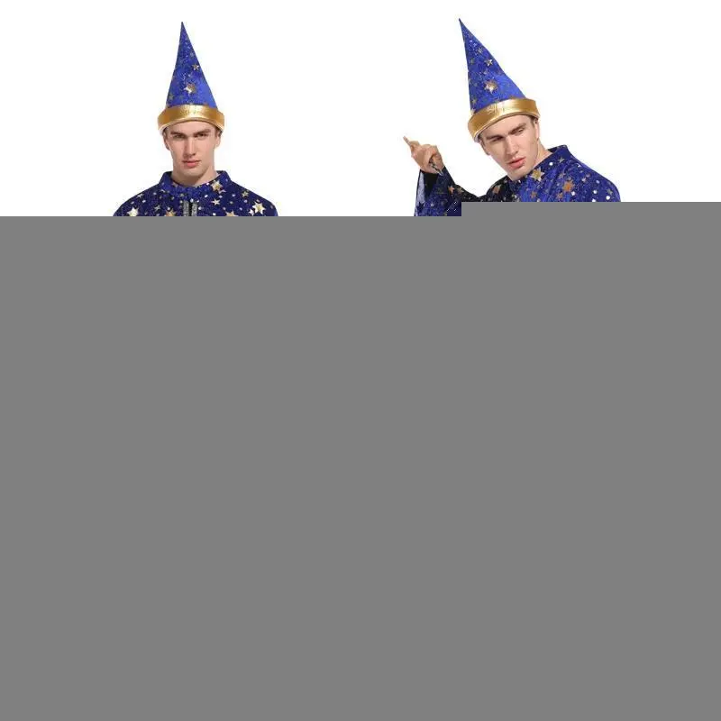 Adult Halloween Men Blue Robe and Hat Star Moon Magic Magician Wizard Costume Cosplay Role Playing Decoration Clothing