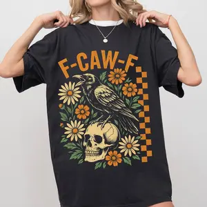 Crow Raven Shirt, F-CAW-F Funny Halloween Tshirt, Gothic Floral Checkered Shirts, Dark Bird Teee, Crow Bird Humor T-Shirt Casual Graphic
