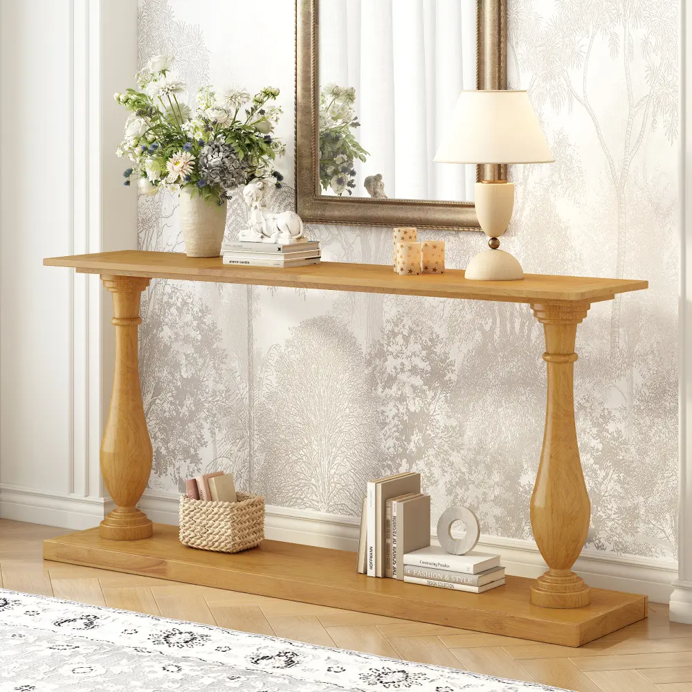 Vintage Console Table - Entryway Table with Luxurious Pine Veneer, Elegant Vase-Leg Design, for Living Room, Entryway
