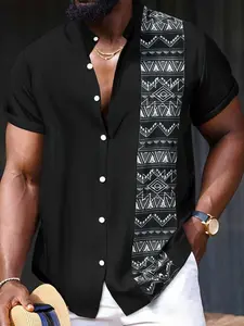 Men's Regular Fit Patchwork Print Short Sleeve Shirt, Casual Retro Collared Top for Summer, Fashion Men's Clothes for Daily Wear