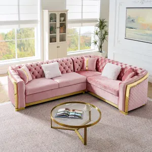 106 Inches L-Shaped Chesterfield Sectional Sofa Set with Gold Stainless Steel Accents, Velvet Button Tufted Sofa with 5 Pillows Luxury Couch for Living Room, Pink    RR