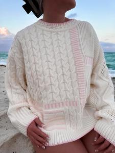 women's cable knit color block long sleeve crew neck sweater, casual loose fit pullover for fall & winter, ideal for daily outings and vacations, clothes
