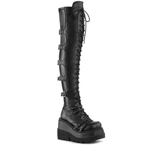 Demonia Shaker-350 Black Vegan Leather-Stretch Over-the-knee Boots
