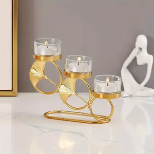 Elegant Metal Iron Candlestick Holder, Candle Stand, Three-Head Round Base, Romantic European Style, Polished Ginkgo Leaf Design, Home and Wedding Decor, Home Goods, Decorative, Candle Holders