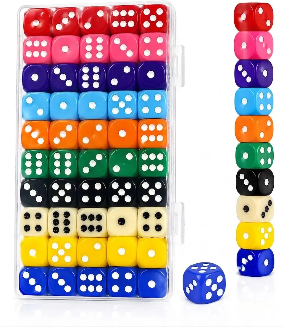 50PCS Colored Dice Set 16mm Standard 6-Sided Acrylic Game Dice Assorted Colors for Board Games & Classroom