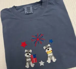 USA Two Schnauzers Embroidered T-Shirt, Fourth of July Tee, Patriotic Cotton Shirt, Unisex Casual Wear