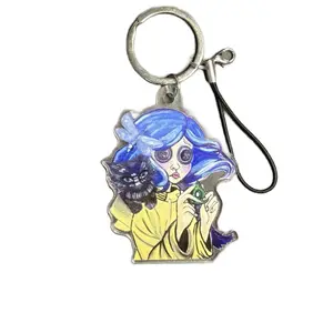 Coraline Inspired Keychain with Blue Hair and Cat Design Perfect for Fans
