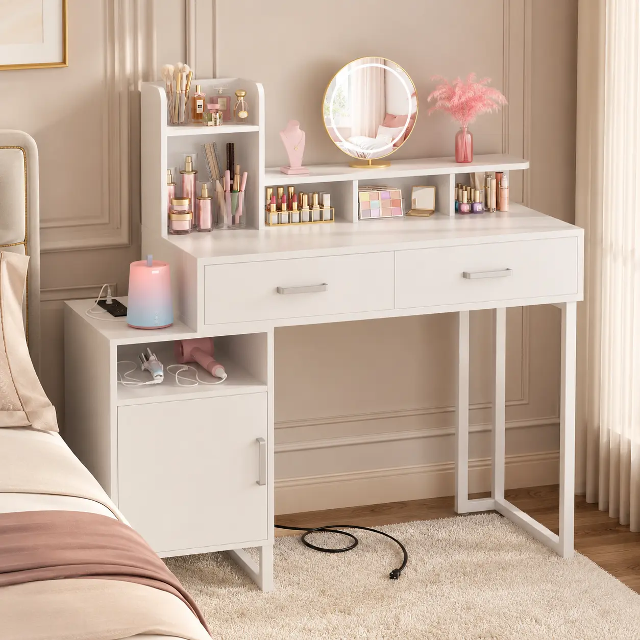 Vanity Desk No Mirror 35" Makeup Vanity    Desk   Vanity   table  with Power Outlet 2   Storage  Drawer Cabinet Open shelf for Bedroom Office