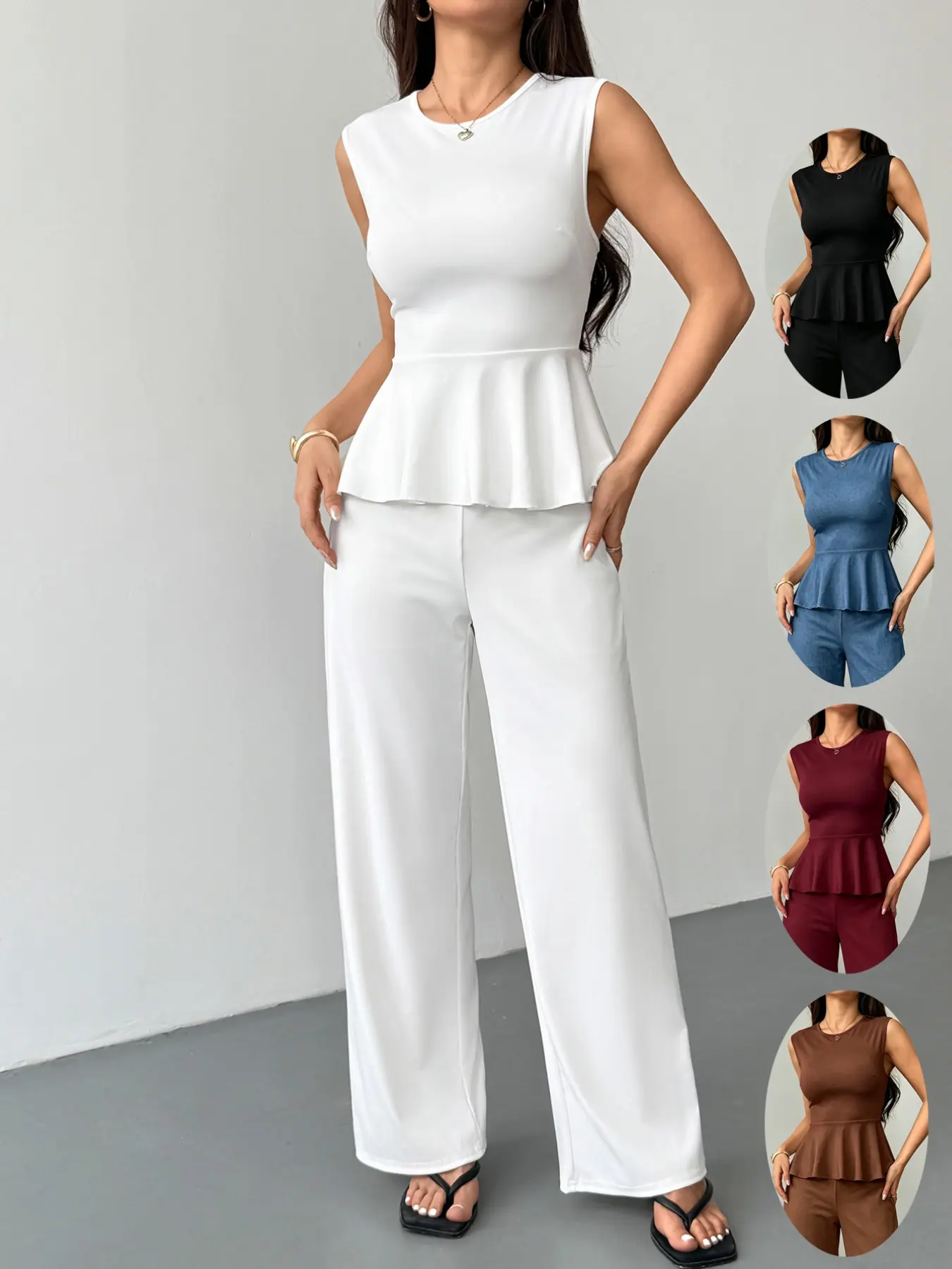 Women's Waist-Cropped Ruffle Top + High-Waist Pants Elegant Set, Comfortable Casual Two-Piece, Daily & Commute Wear