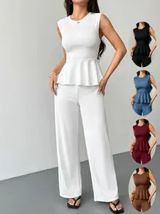 Women's Waist-Cropped Sleeveless Ruffle Top + High-Waist Pants Elegant Set, Comfortable Casual Two-Piece, Daily Wear Fashion, Womenswear