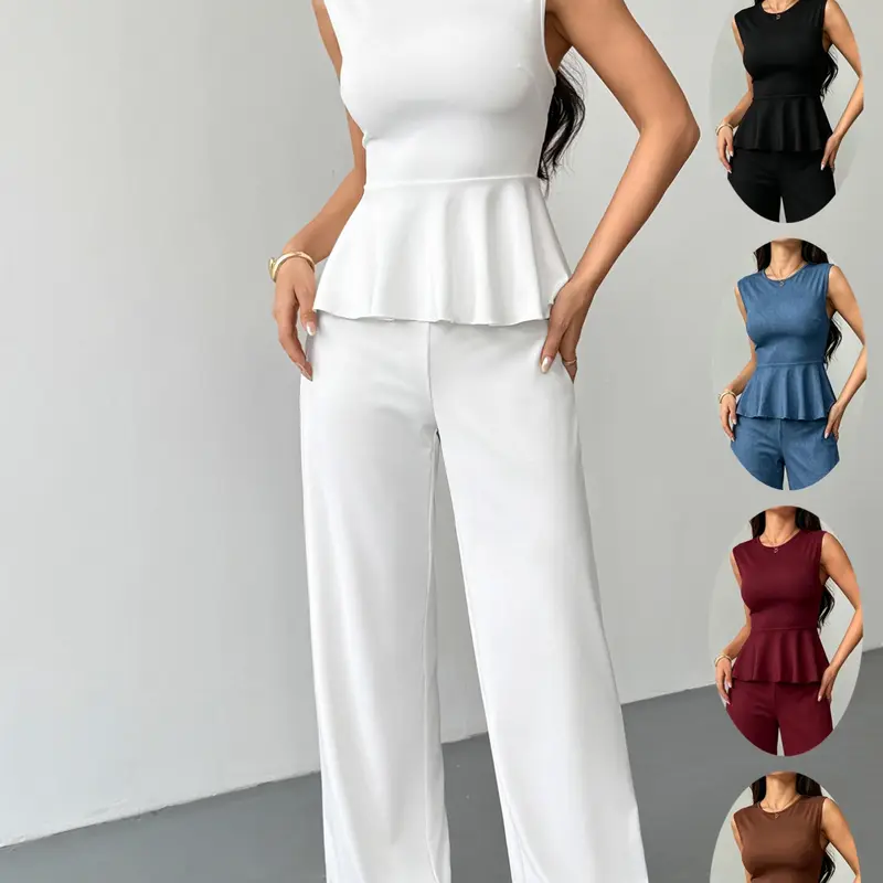 Women's Waist-Cropped Sleeveless Vest Top + High-Waist Pants Elegant Set, Comfortable Casual Two-Piece, Daily & Commute Wear