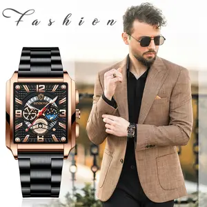 Men Square Luminous Watches: Business Date Waterproof Analogue Quartz Rectangular Hollow Out Dial Stainless Steel Tank Wristwatch