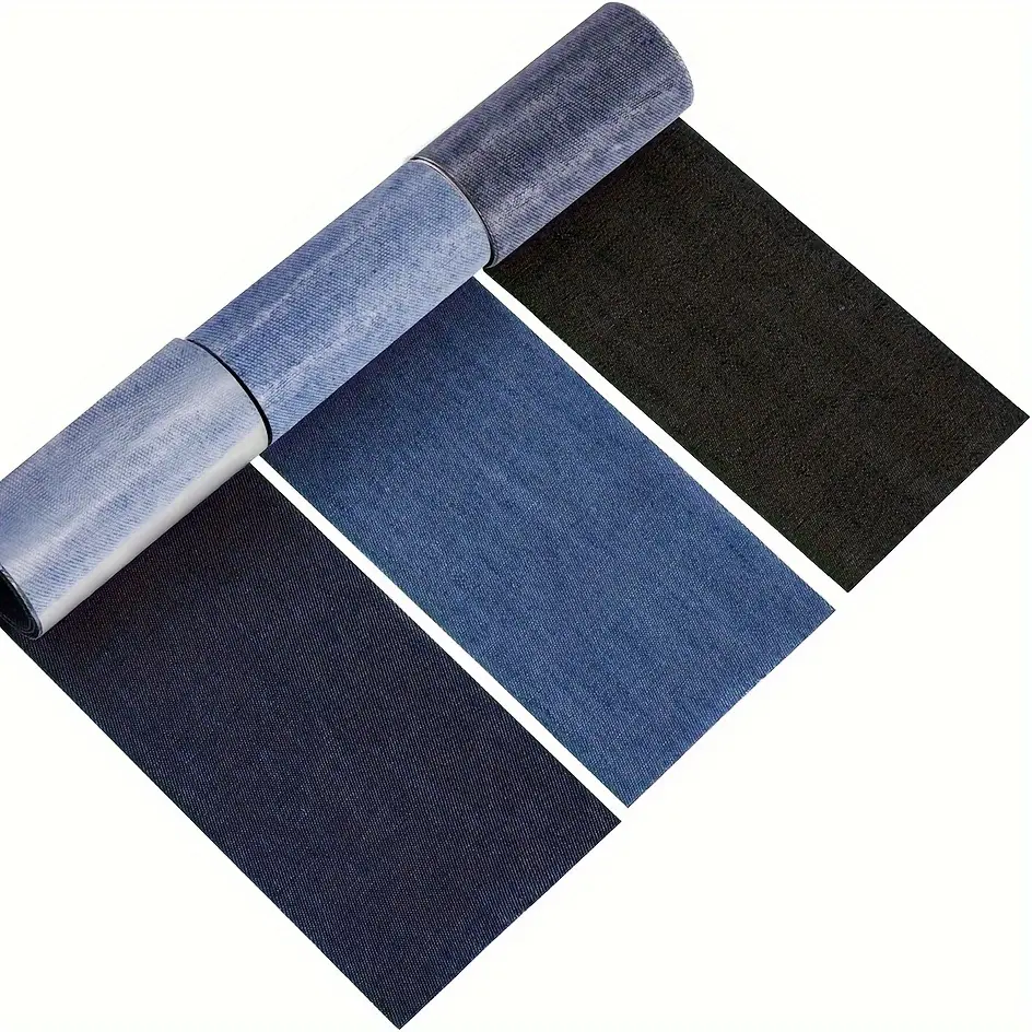 3-Pack Jean Iron-On Patches - Large 8x50cm Self-Adhesive Repair Kit - Versatile DIY Hole Fixer in Dark Blue, Light Blue & Black