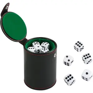 GWHOLE Leather Dice Cup Set with Storage Compartment Felt Lining Shaker with 5 Dot Dices for Farkle Yahtzee Games Playing Birthday Gift, Green