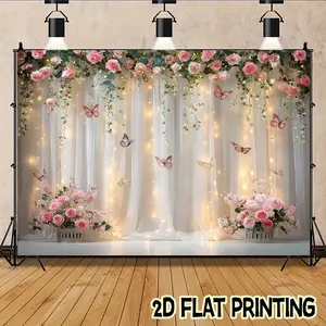 2D flat banner 1pc Romantic roses, flowers, green vines Theme background-Polyester banner -suitable for festivals, courtyards, studios, homes and garden celebrations- perfect gift