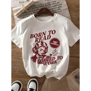 Women's "Born to Read Forced to Work" Graphic T-Shirt - Vintage Book Lover Design with Retro Woman Illustration, Soft Stretch Crew Neck Short Sleeve Casual Top for Casual Attire, Machine Washable, Book Tshirt, Workwear, Comfortable Fit