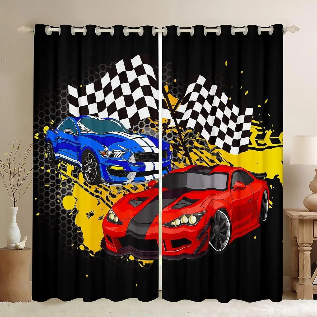 Race Sports Car Curtains,Black White Grid Window Curtains,Cool Racing Car Window Treatment Curtains Home Decor,Extreme Sports Theme Darkening Drapes for Living Room Bedroom