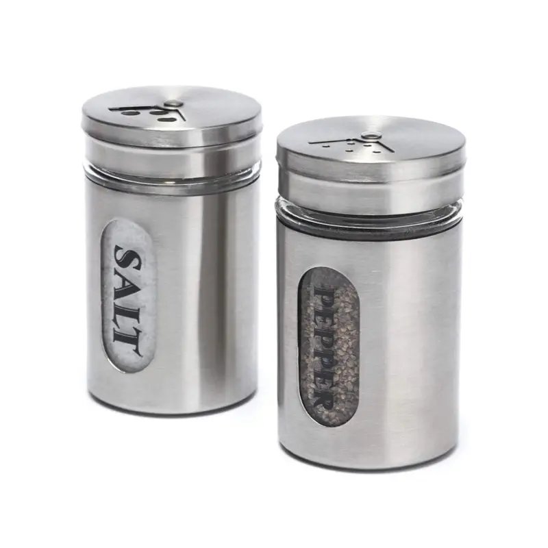 Salt and Pepper Shakers Stainless Steel and Glass Set - Silver Finish with Metallic Design and Glass Lid