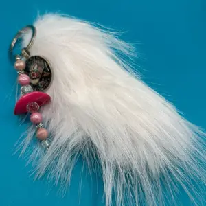 White Faux Foxtail Keychain with Pink Beads and Decorative Charm for Stylish Accessory