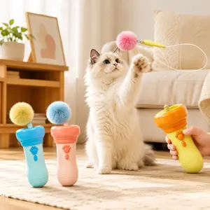 Electric Cat Teaser Toy with Fluffy Pom Balls, Interactive Handheld Cat Wand Toy, Automatic Moving Cat Play Toy for Indoor Cats