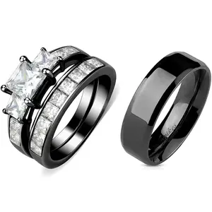 Couples Rings Black Set Womens 3 Stone Type Princess CZ Engagement Ring Mens Flat Wedding Band