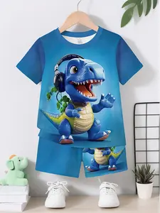 Boys' Music Dinosaur Print Set, Cartoon Cute Short Sleeve Shorts Two-Piece Set, Casual Loose-Fitting Kids Clothing
