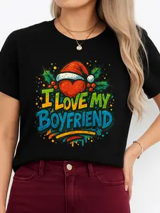 Christmas T-Shirt Black I Love My Boyfriend Santa Heart Design Holiday Gift Personalized Tee Unisex All Seasons Comfortable Breathable Fits All Sizes Made in USA Cotton Everyday Womenswear