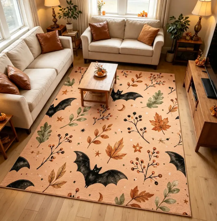 Non-Slip Velvet Area Rug - Cute Pastel Fall Prints Carpet with Black Bat, Maple Leaf, Berry, Celestial Moon, Star Patterns, Anti-Skid Base, Cozy Farmhouse Halloween Decor for Living Rooms, Indoor Homes, Cute Pastel Area Rugs