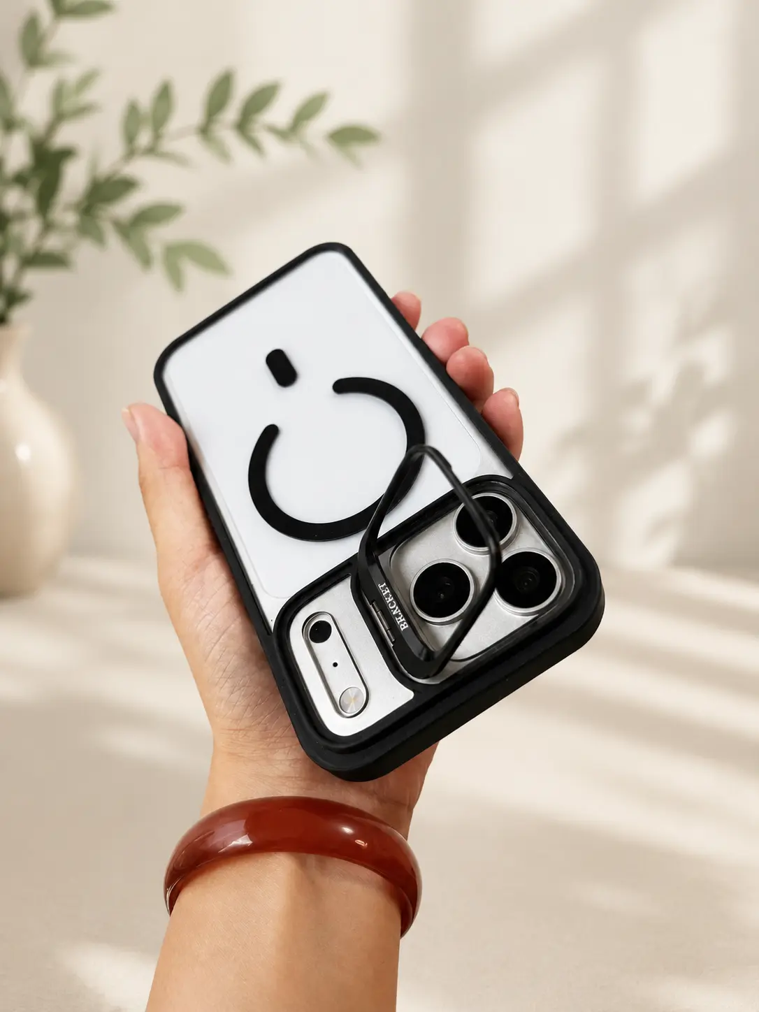 BRACKET Clear Case for iPhone with Invisible Metal Kickstand, Camera Lens Protector, MagSafe Compatible, Shockproof Cover